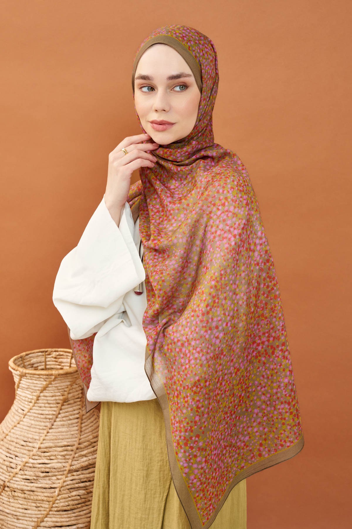 Riva Şal Tencel Secret Garden Yeşil Kahve