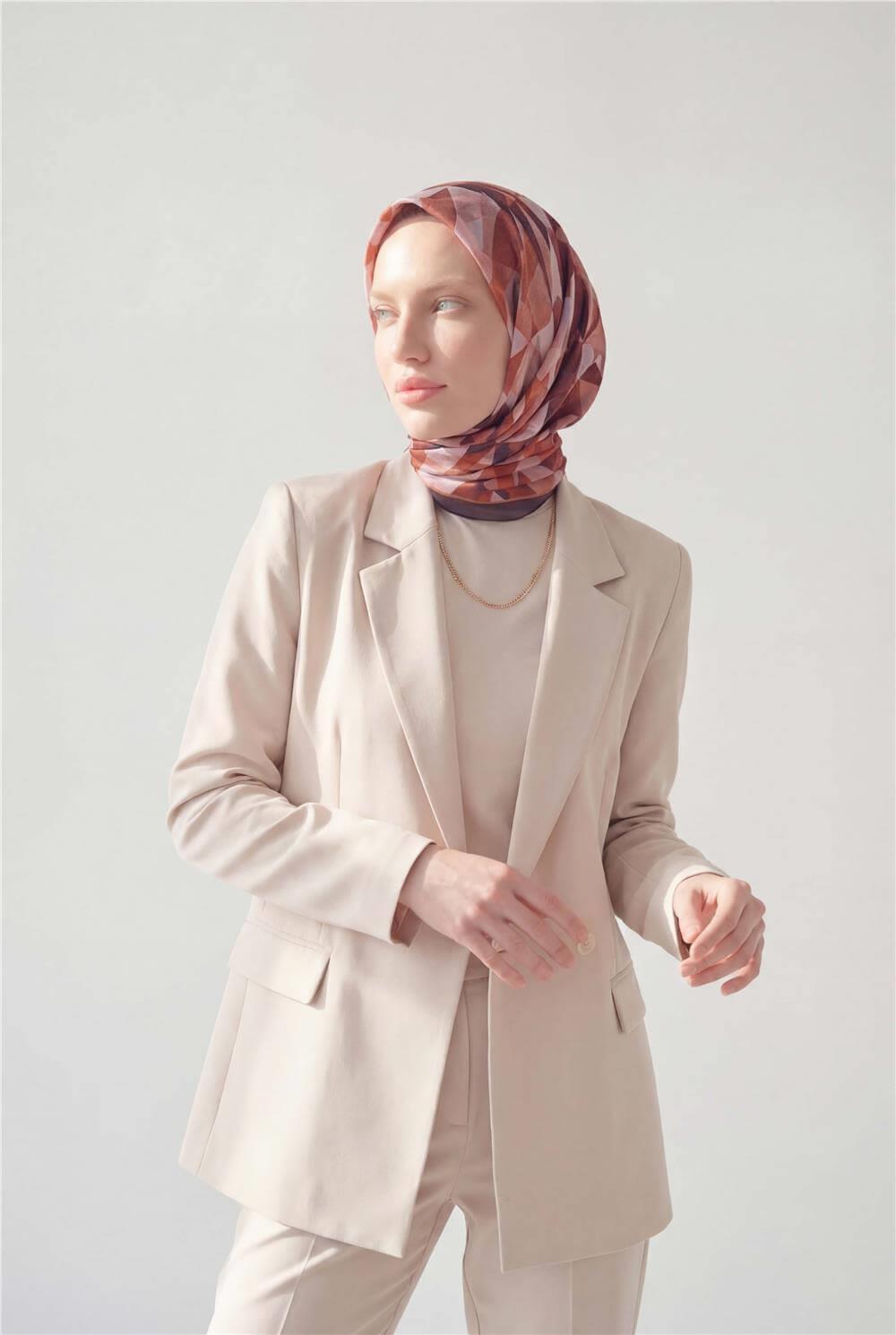 Shiny Dokulu Eşarp Turuncu Mürdüm Tonlu Geometrik Desenli Su Tutmaz Parlak 90x90