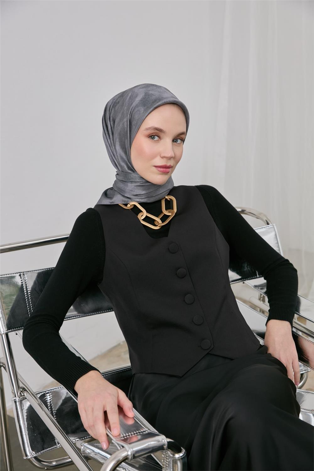 Polyester Karışımlı Shiny Eşarp Koyu Gri Etnik Desenli Parlak Dokulu 90x90