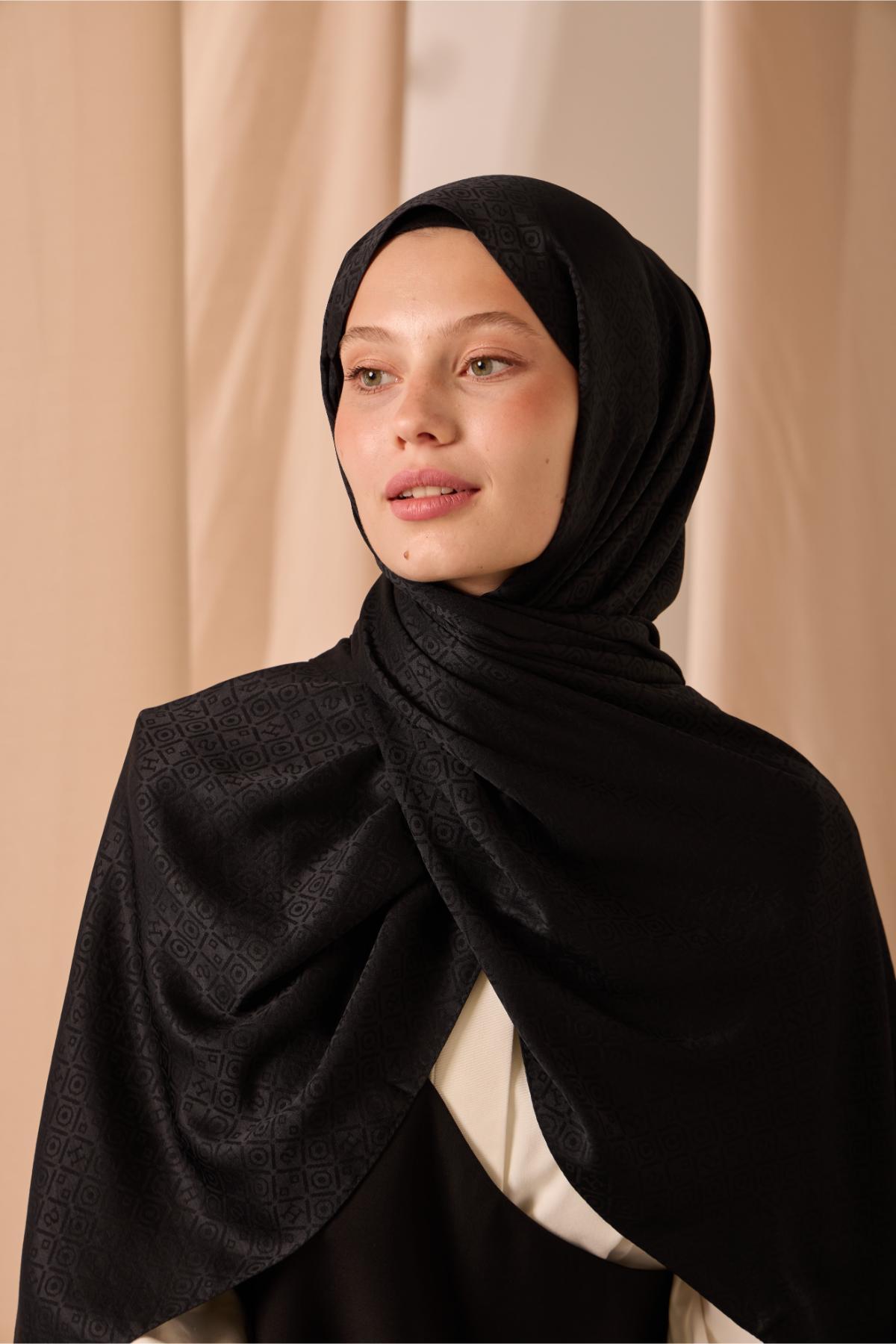 Deluxe Şal Siyah Jakarlı Tok Duruşlu Viskon Karışımlı 75x190