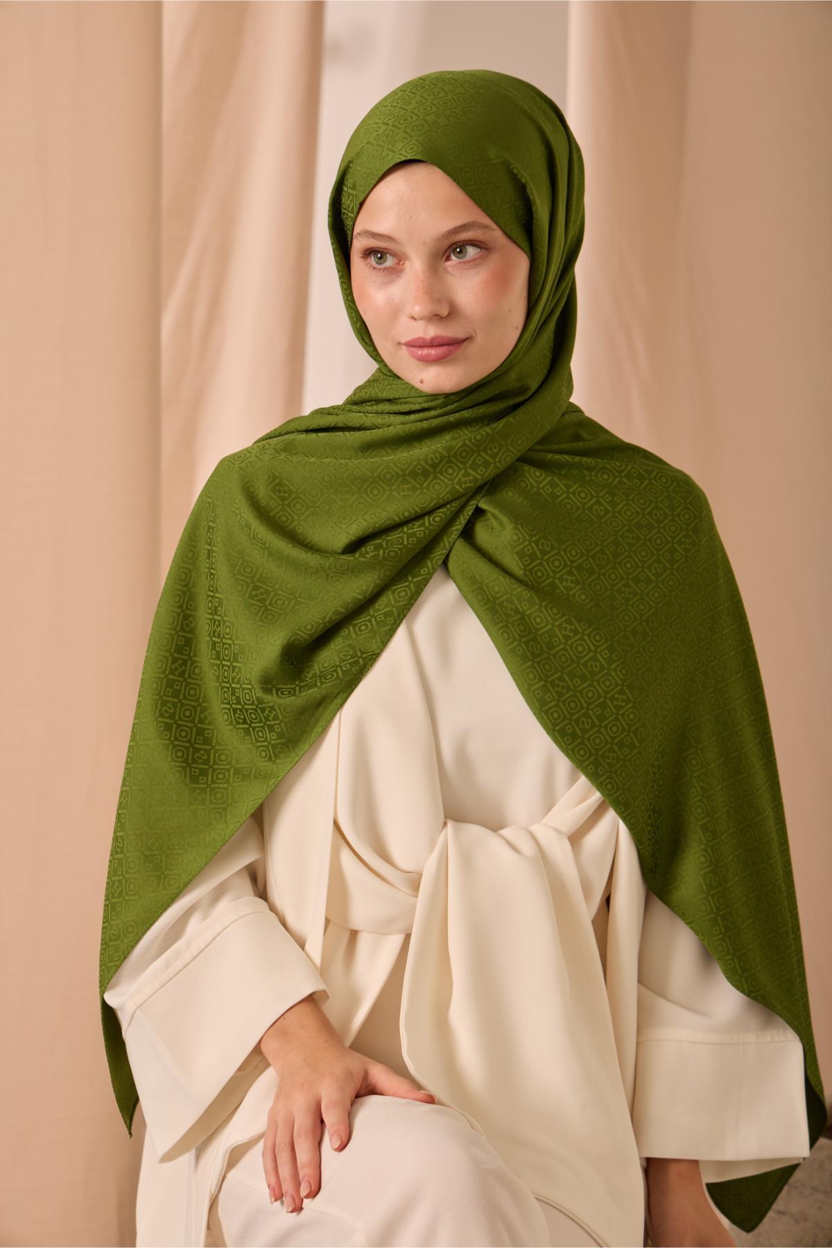 Deluxe Şal Çimen Yeşili Jakarlı Tok Duruşlu Viskon Karışımlı 75x190