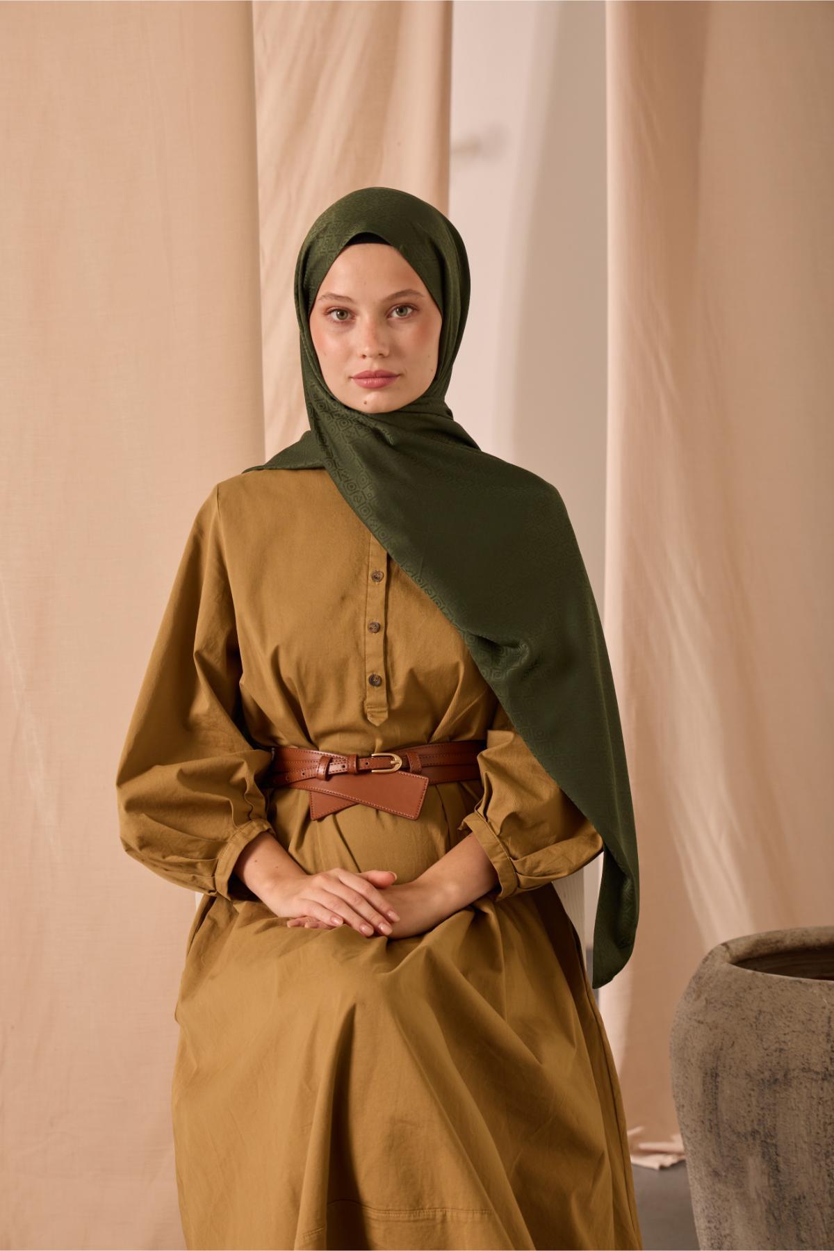 Deluxe Şal Çam Yeşili Jakarlı Tok Duruşlu Viskon Karışımlı 75x190