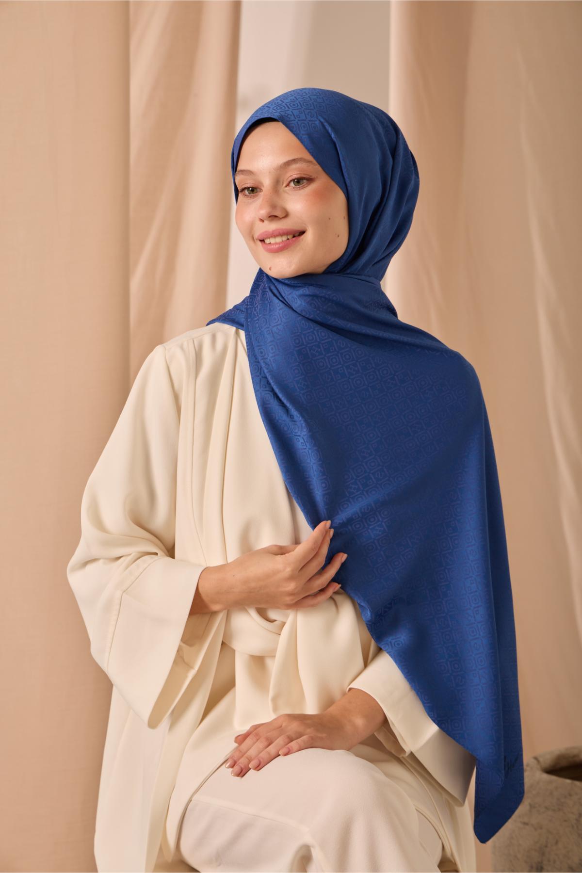 Deluxe Şal Mavi Jakarlı Tok Duruşlu Viskon Karışımlı 75x190