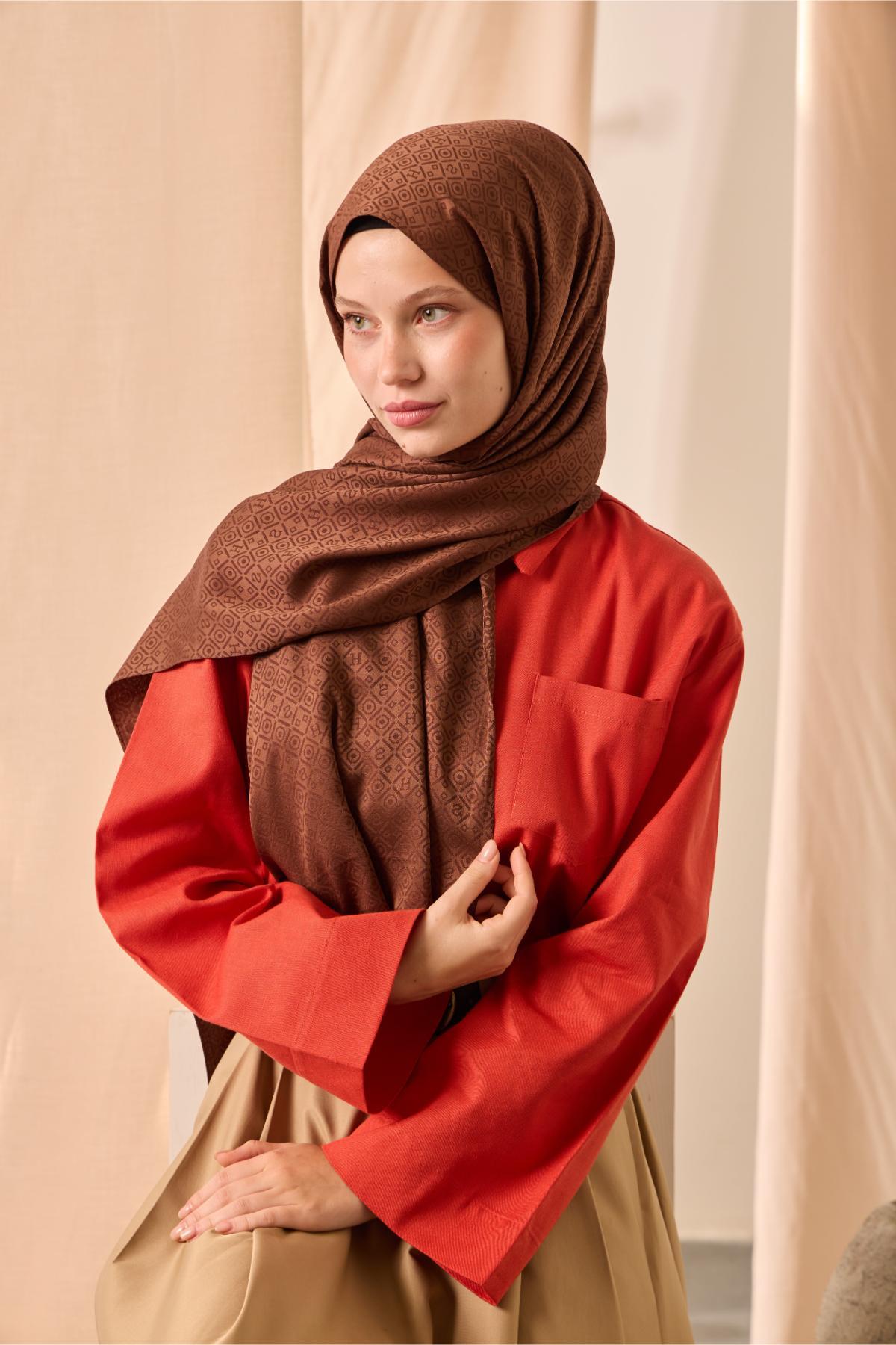 Deluxe Şal Kızıl Kahve Jakarlı Yüzey Viskon Karışımlı Tok Duruşlu 75x190