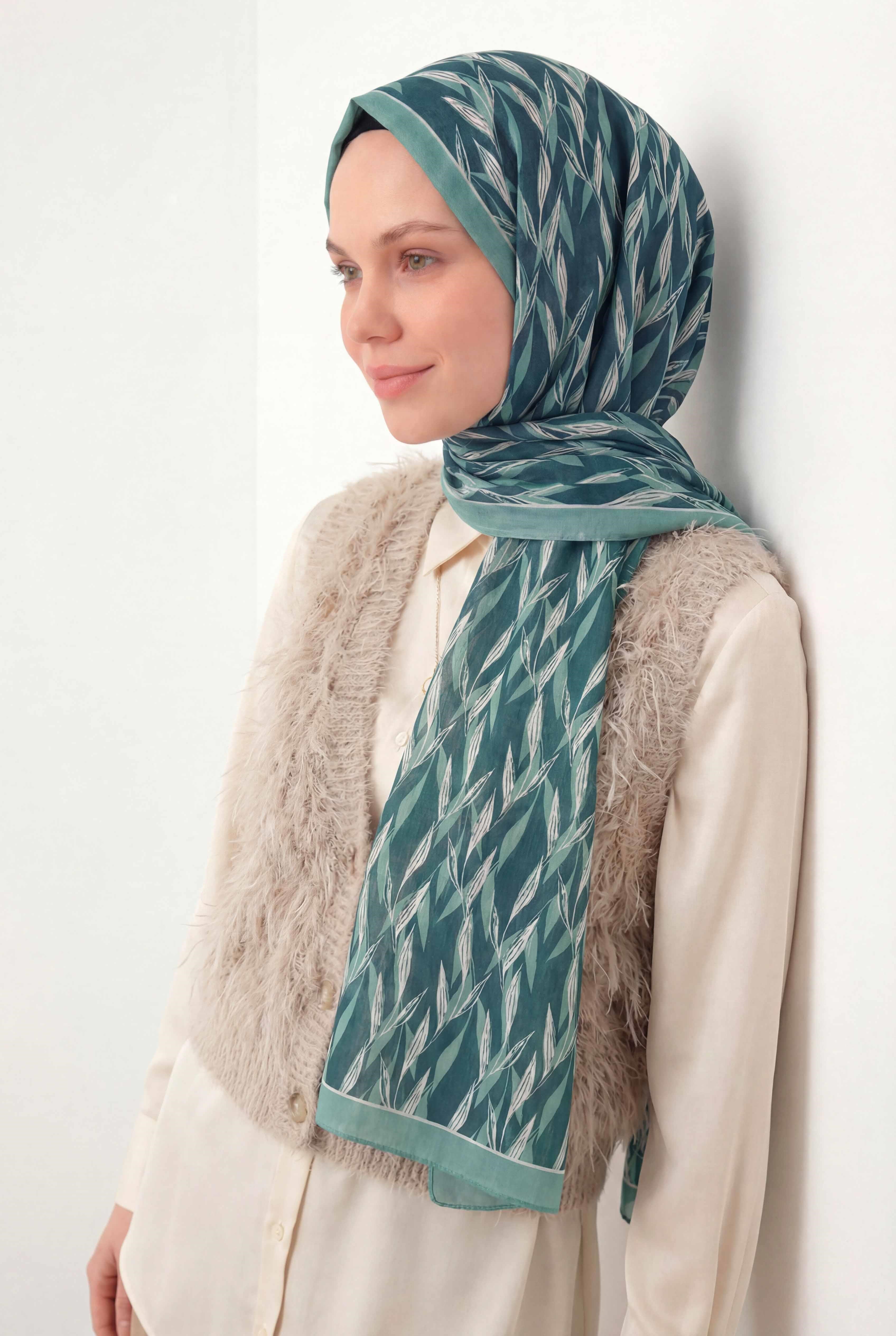 Yaprak Desen Petrol Yeşili 75X195 Soft Şal