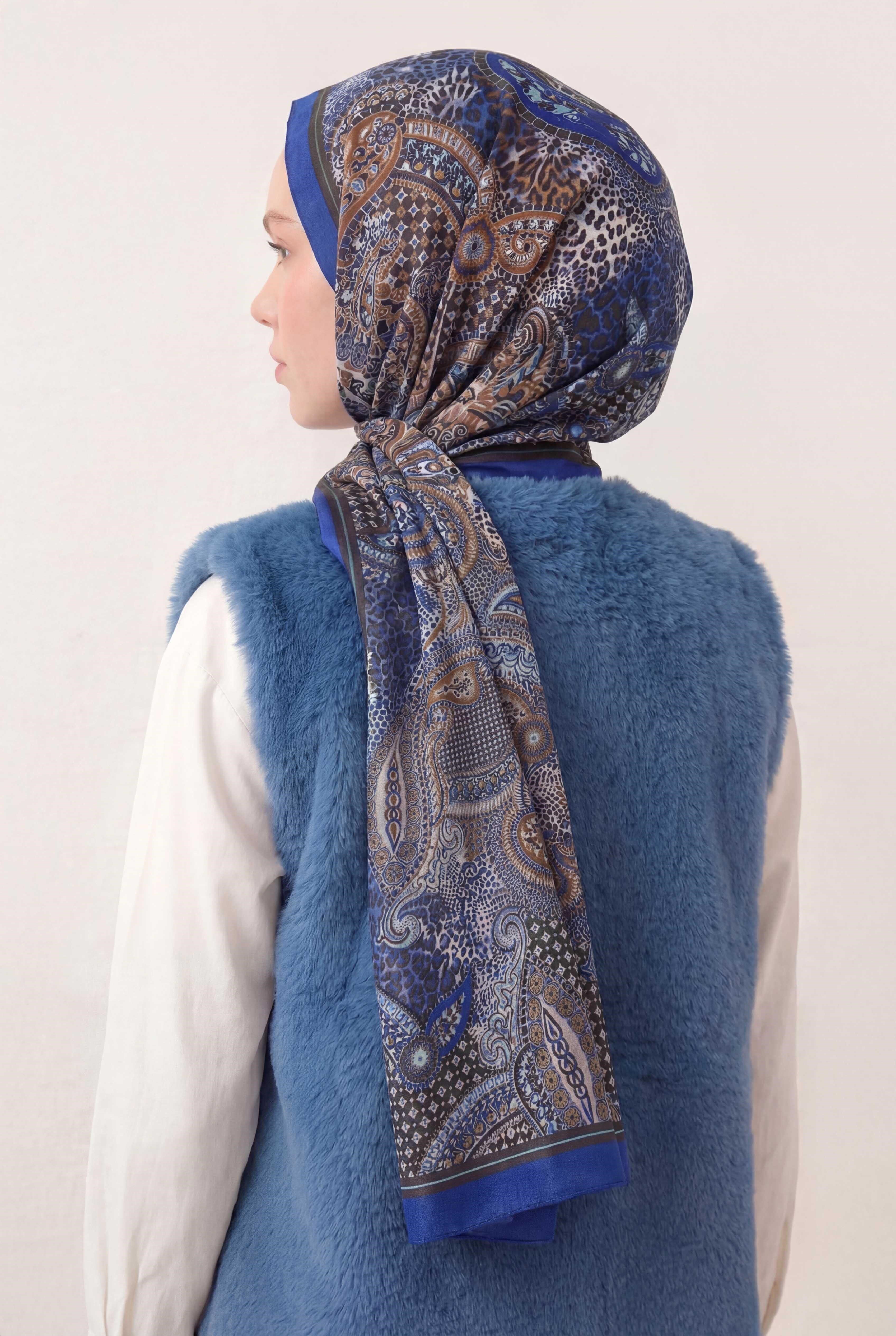 Etnik Desen Parlament Mavi 75X195 Soft Şal