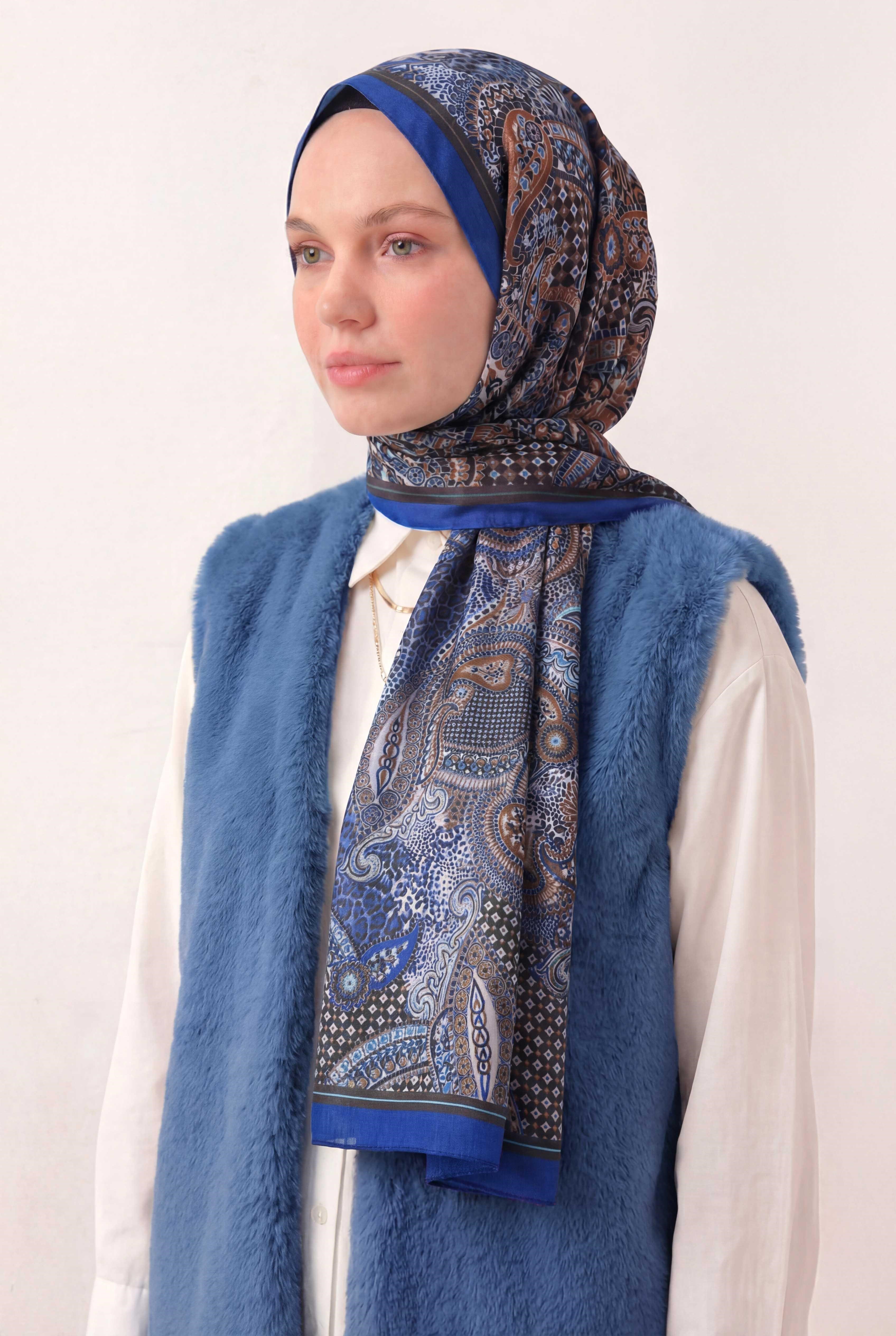 Etnik Desen Parlament Mavi 75X195 Soft Şal