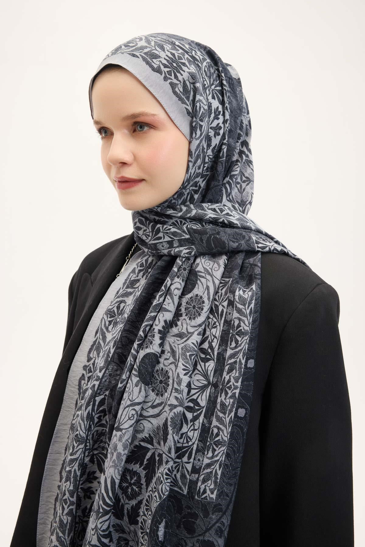 Urban Hours Floral Motif Desen Açık Gri Mayda Şal 190x70