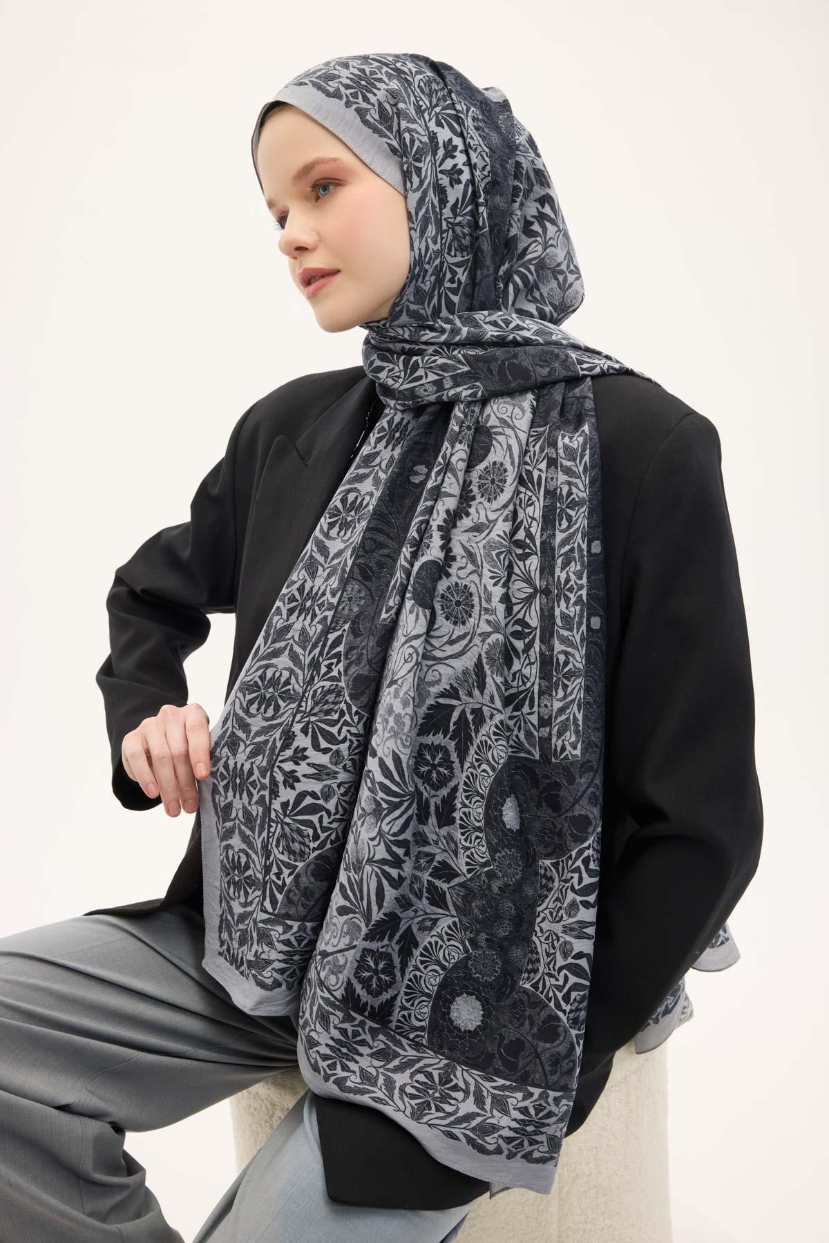 Urban Hours Floral Motif Desen Açık Gri Mayda Şal 190x70