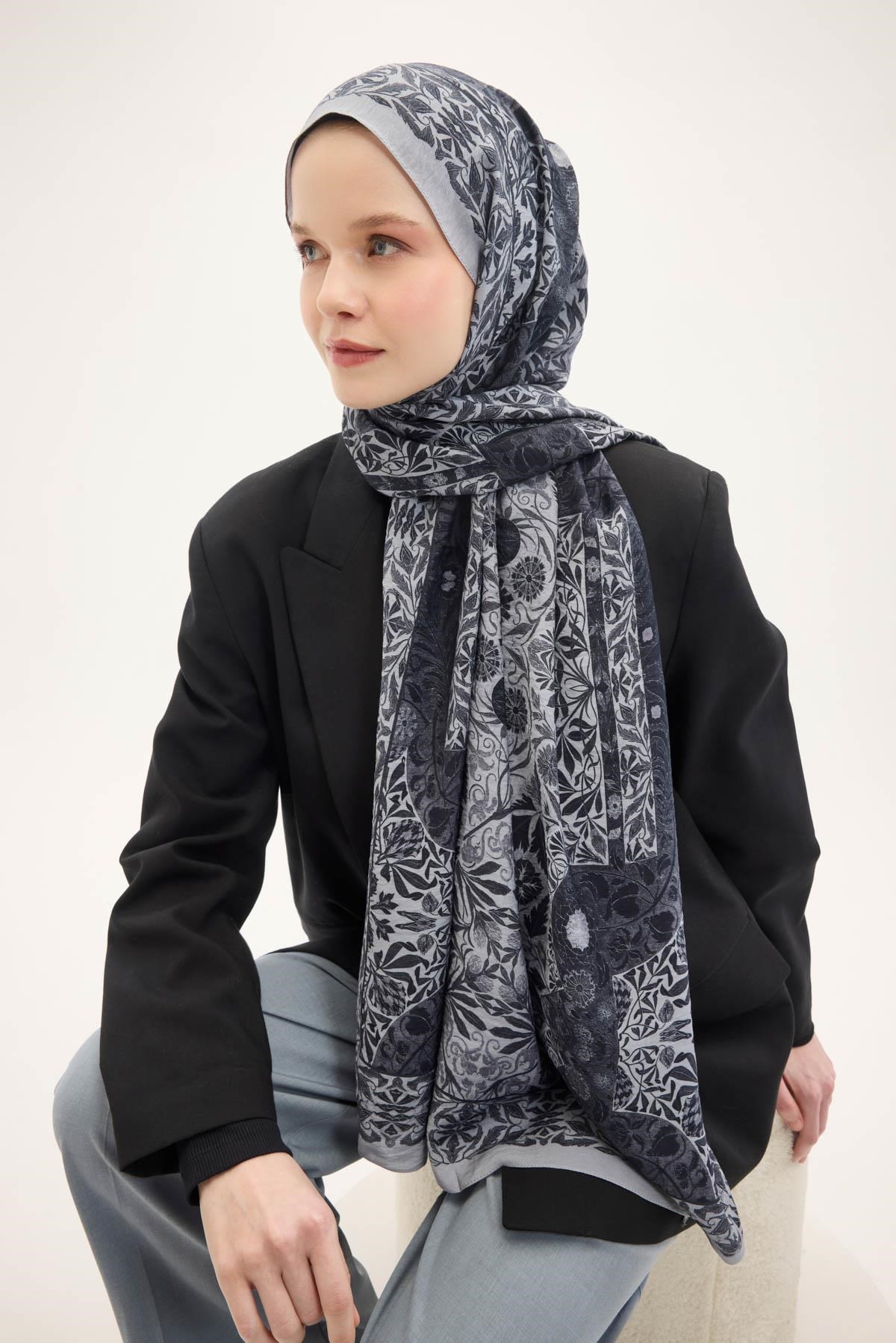 Urban Hours Floral Motif Desen Açık Gri Mayda Şal 190x70