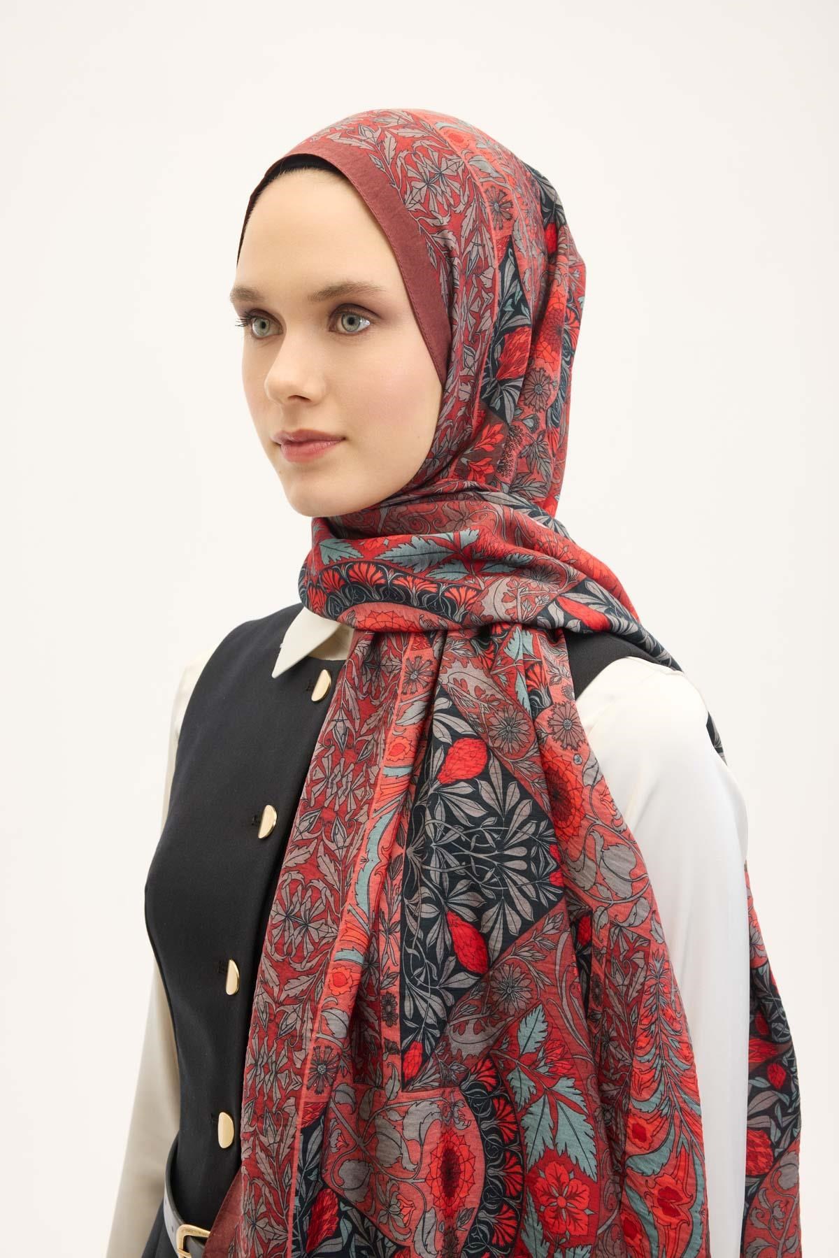 Urban Hours Floral Motif Desen Bordo Mayda Şal 190x70