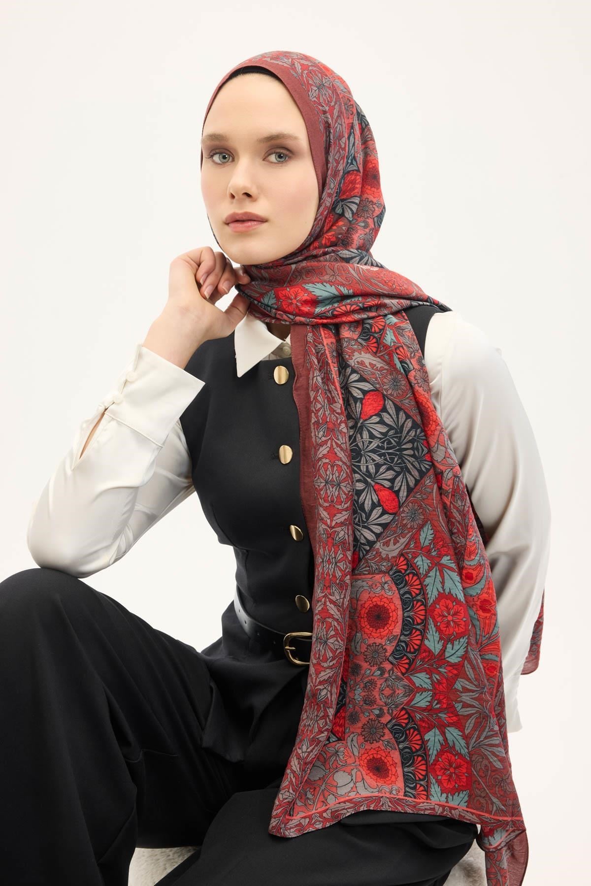 Urban Hours Floral Motif Desen Bordo Mayda Şal 190x70