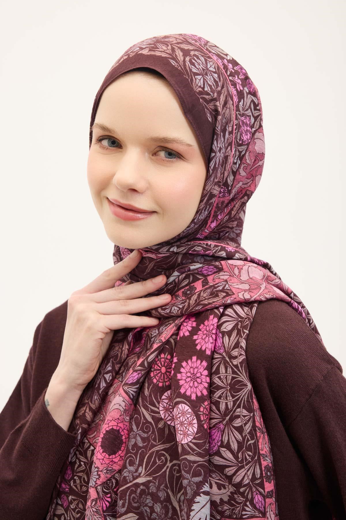 Urban Hours Floral Motif Desen Koyu Mürdüm Mayda Şal 190x70