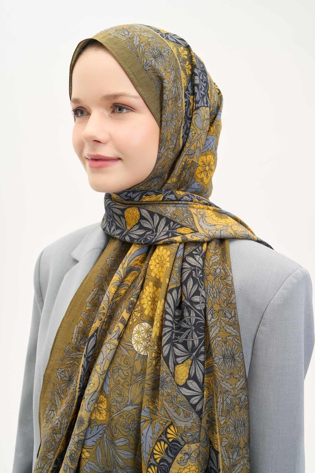 Urban Hours Floral Motif Desen Olive Mayda Şal 190x70