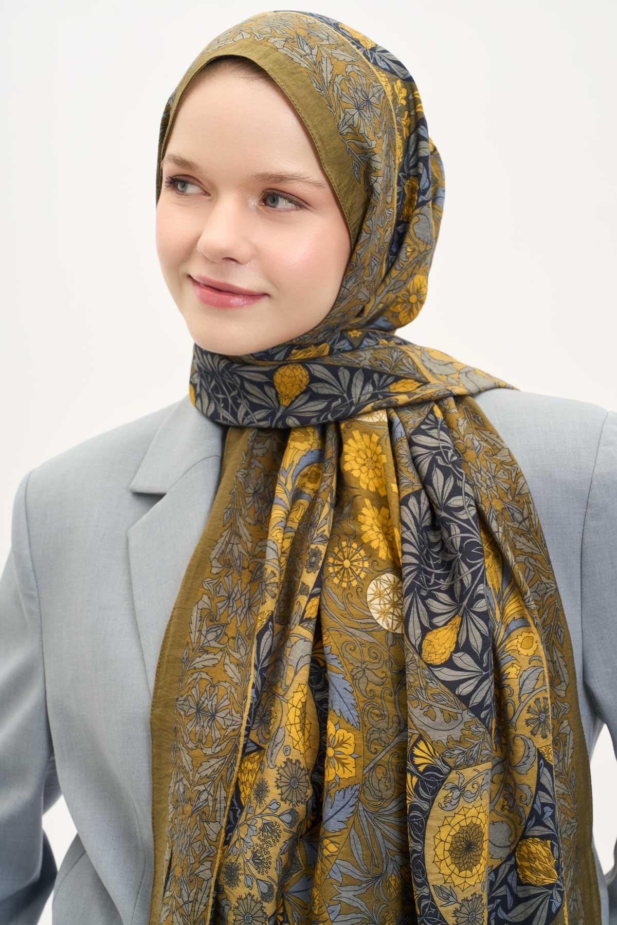 Urban Hours Floral Motif Desen Olive Mayda Şal 190x70