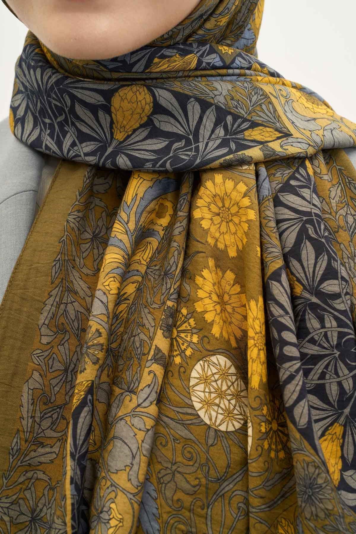 Urban Hours Floral Motif Desen Olive Mayda Şal 190x70