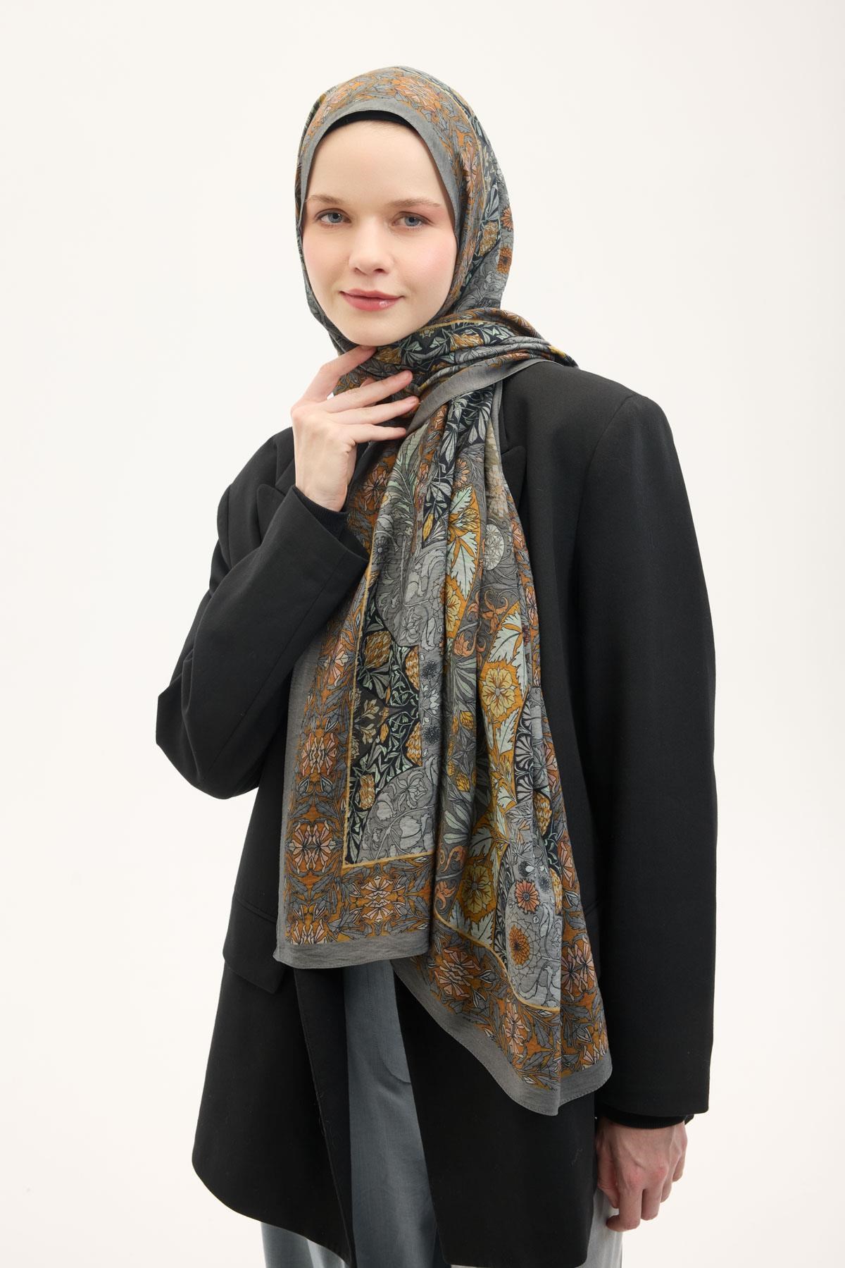 Urban Hours Floral Motif Desen Gri Mayda Şal 190x70