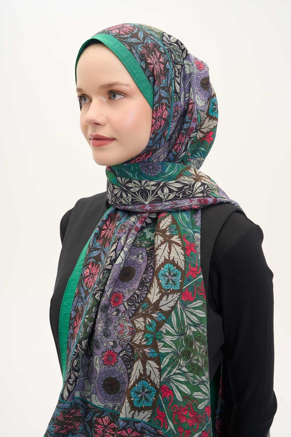Urban Hours Floral Motif Desen Patina Yeşili Mayda Şal 190x70
