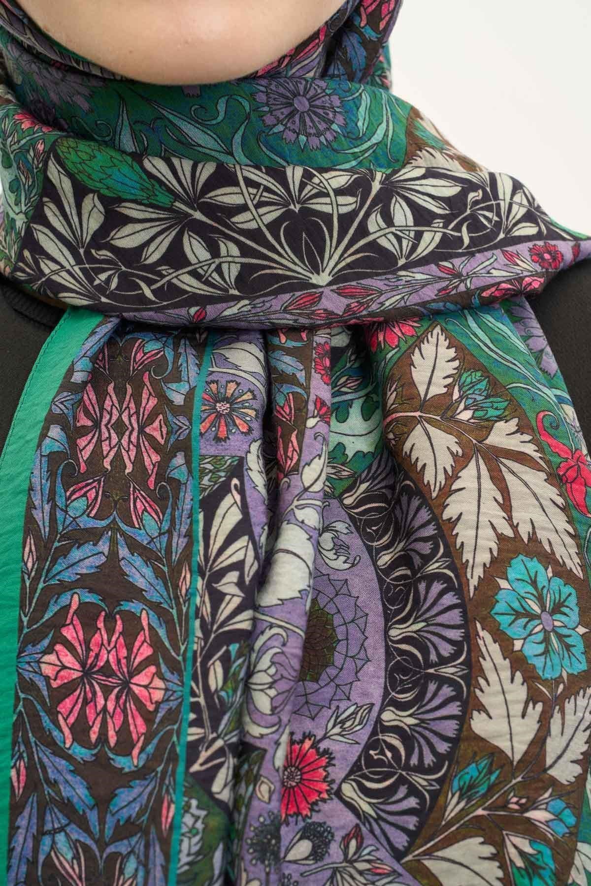 Urban Hours Floral Motif Desen Patina Yeşili Mayda Şal 190x70