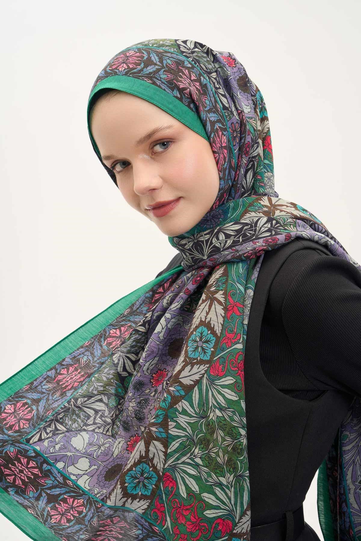 Urban Hours Floral Motif Desen Patina Yeşili Mayda Şal 190x70