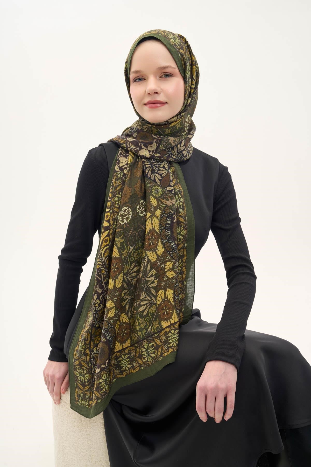 Urban Hours Floral Motif Desen Asker Yeşili Mayda Şal 190x70