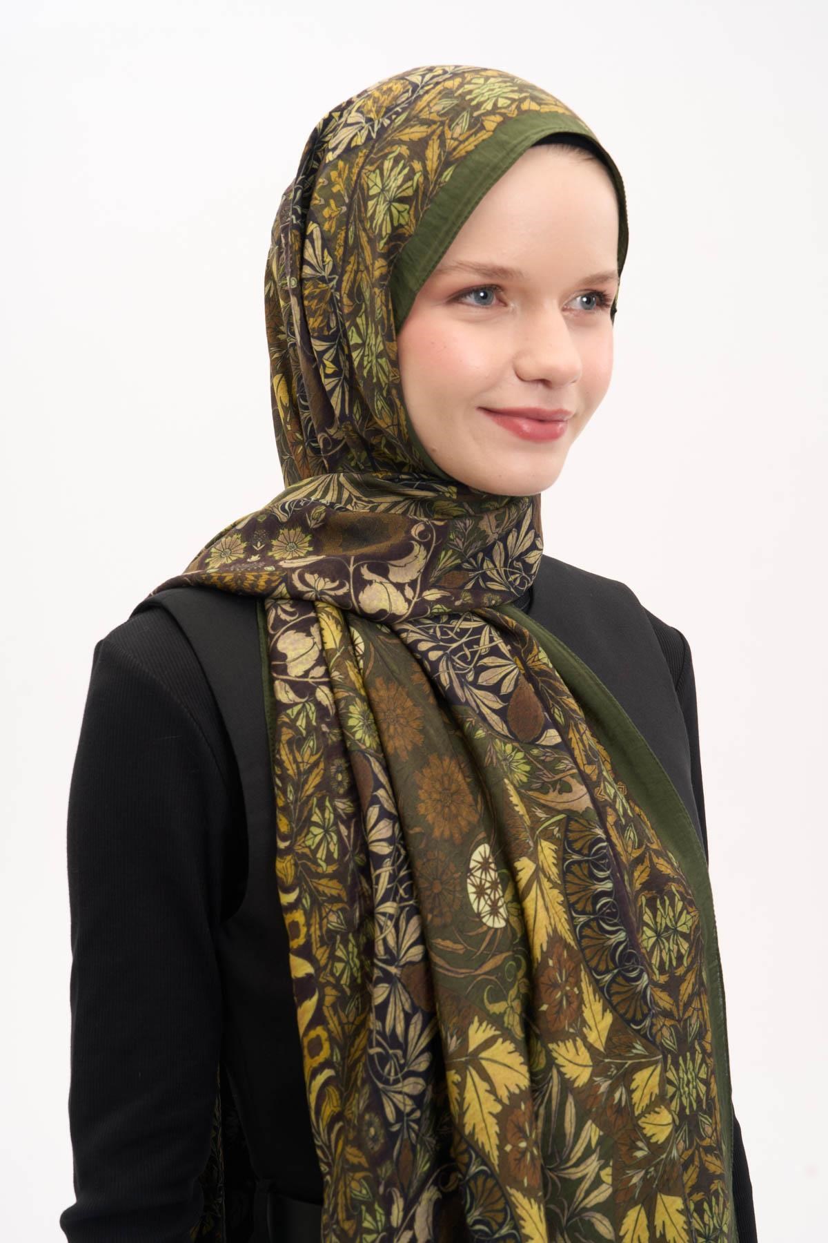 Urban Hours Floral Motif Desen Asker Yeşili Mayda Şal 190x70