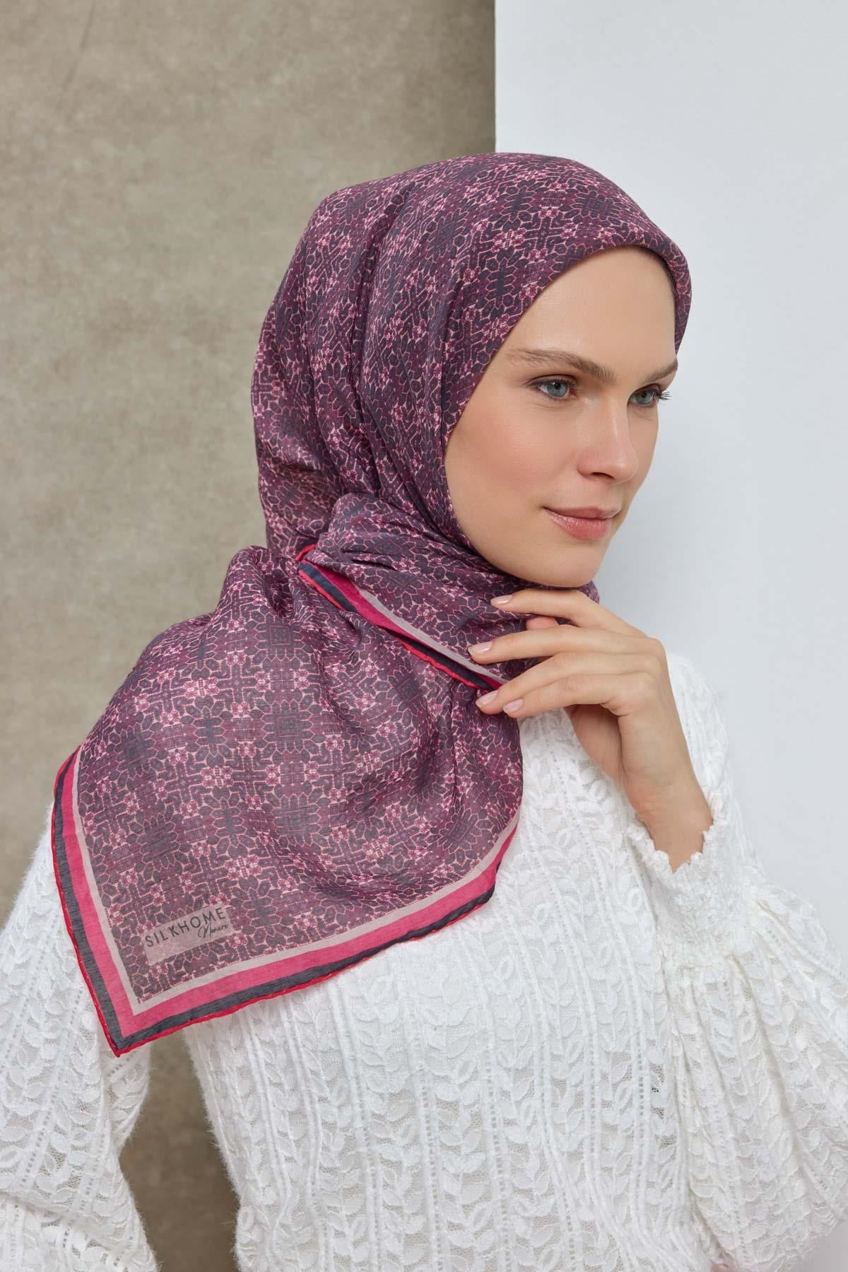 Tencel Monare Eşarp Geometrik Motif Desen Mor 90X90