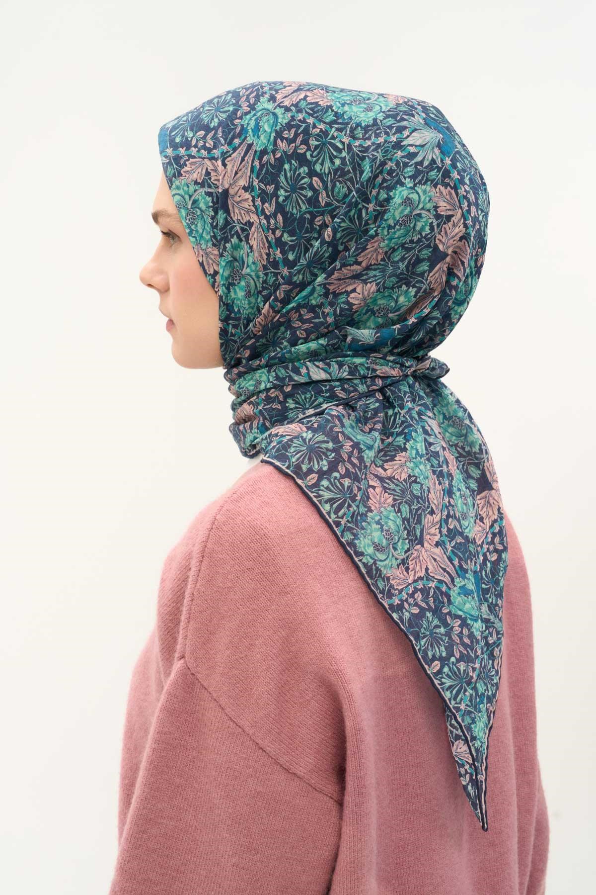 Tencel Monare Eşarp Floral Desen Petrol Yeşili 90X90
