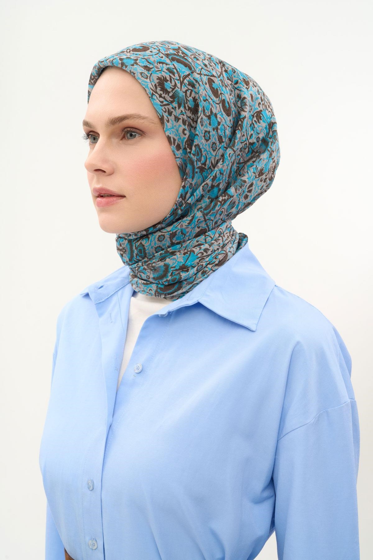 Tencel Monare Eşarp Saray Baharı Desen Gök Mavi 90X90