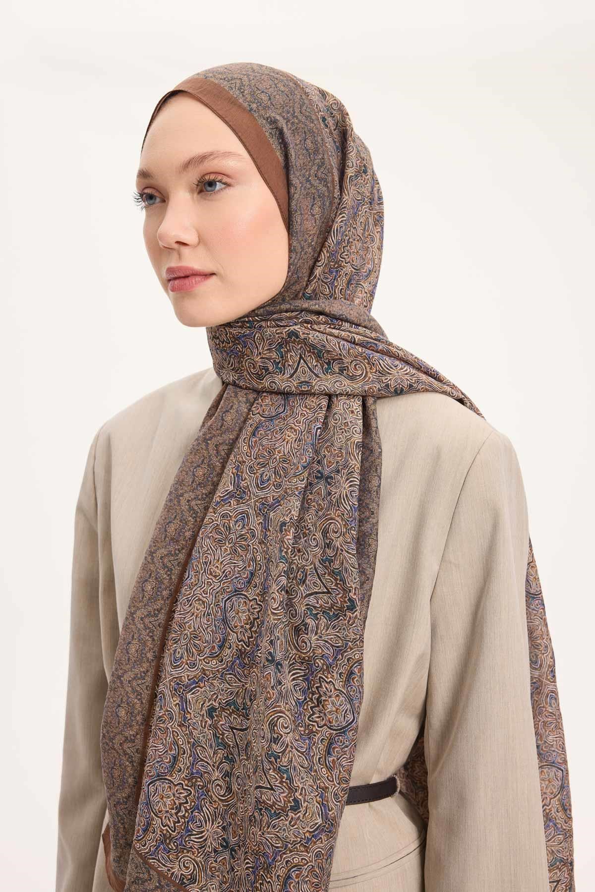 Tencel Monare Şal Çikolata Kahve Etnik Desen 75x195