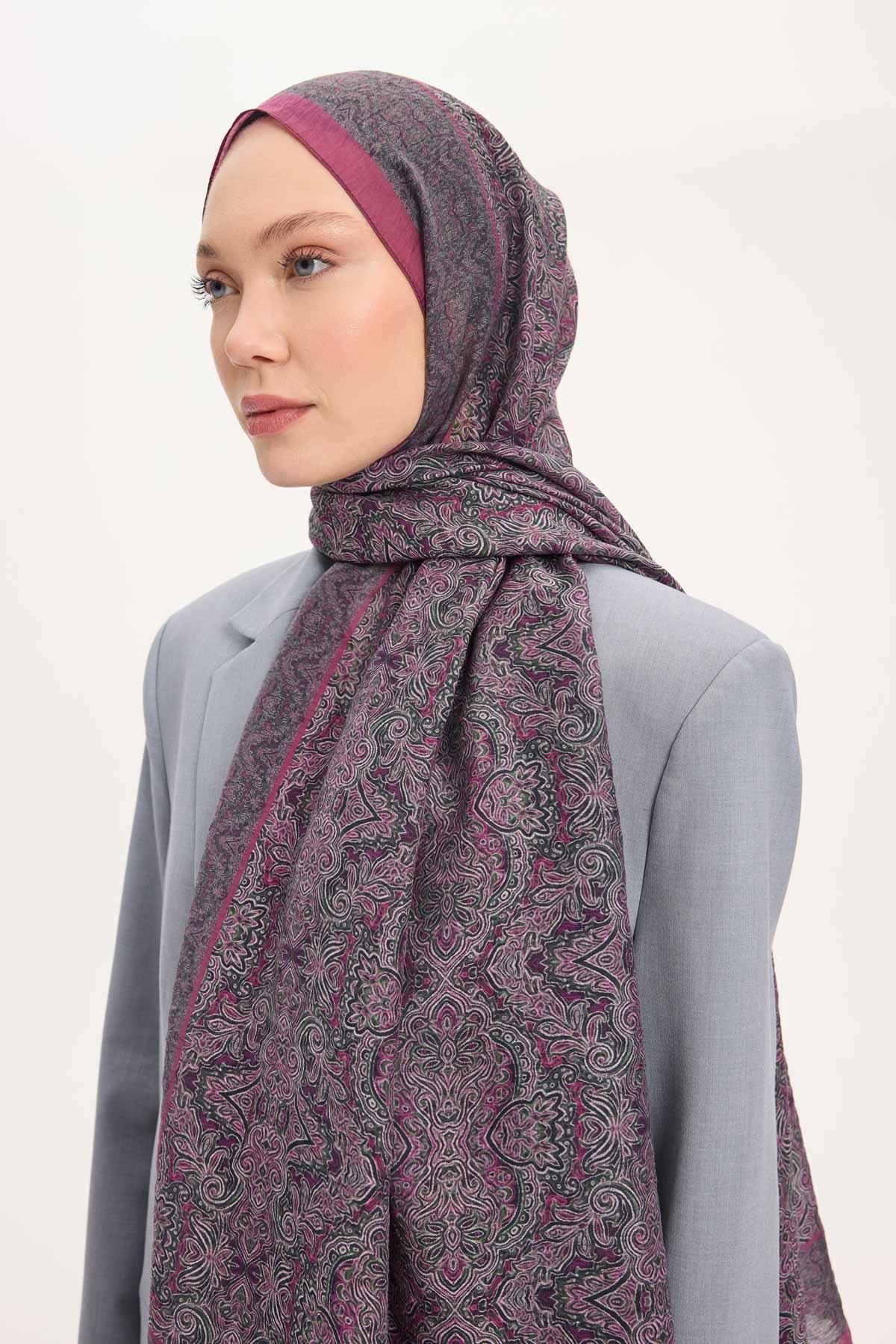 Tencel Monare Şal Fuşya Etnik Desen 75x195