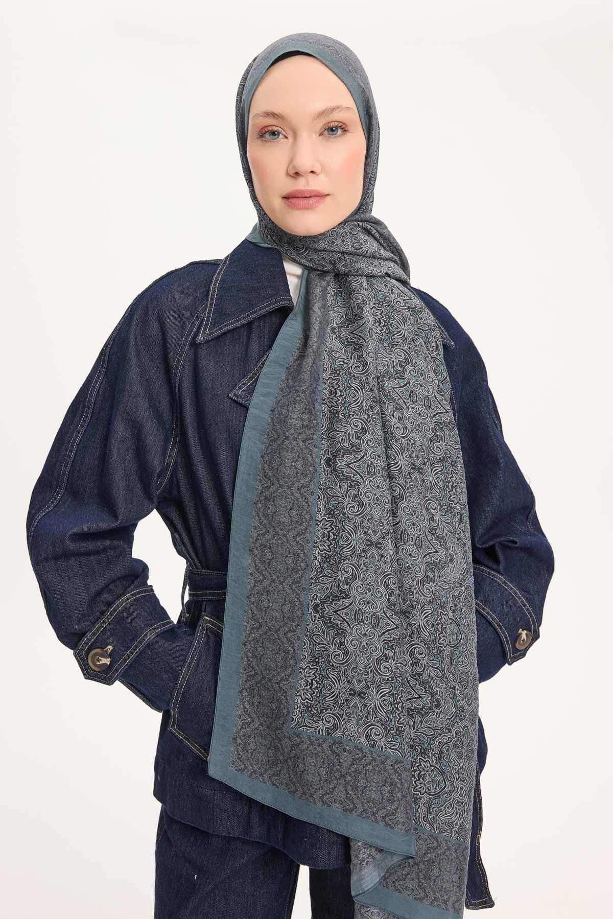 Tencel Monare Şal Antrasit Etnik Desen 75x195