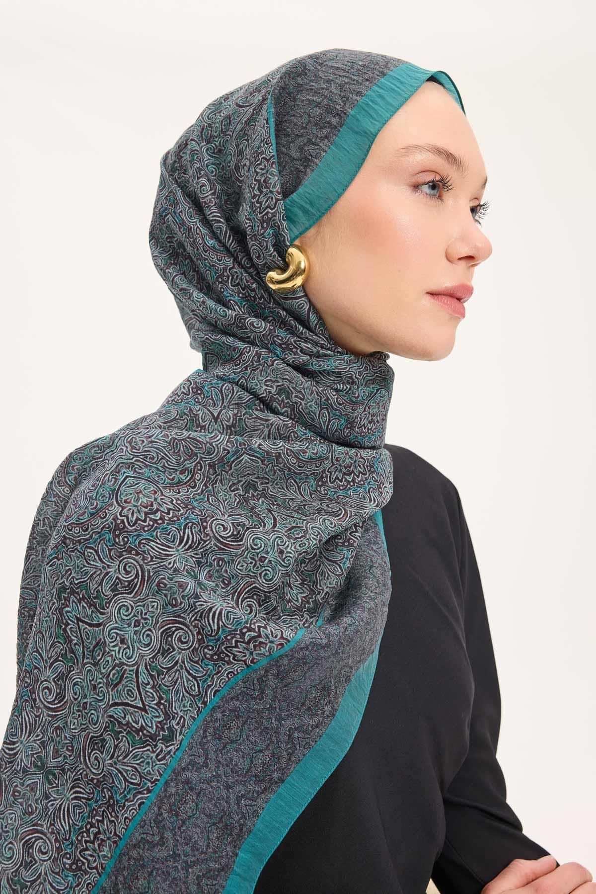 Tencel Monare Şal Petrol Mavi Etnik Desen 75x195