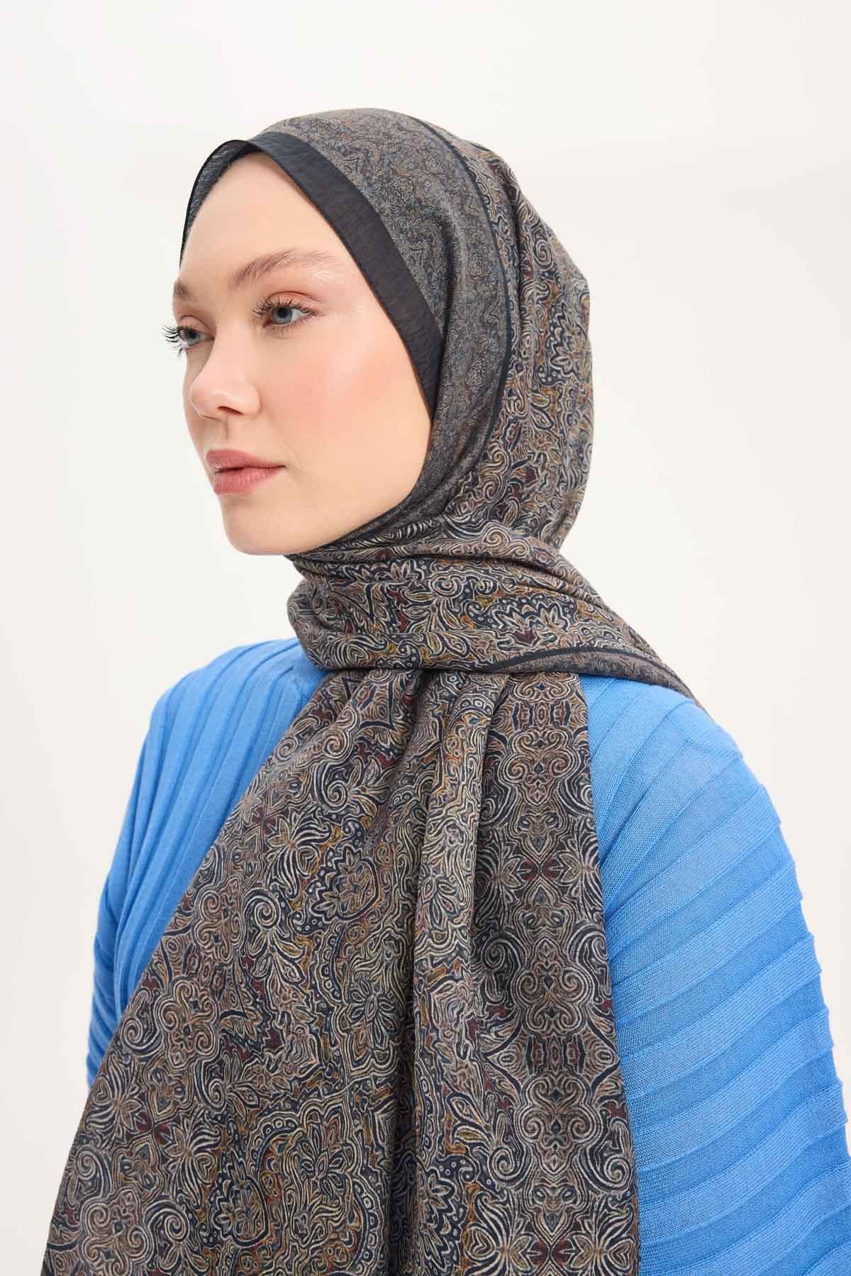 Tencel Monare Şal Koyu Antrasit Etnik Desen 75x195