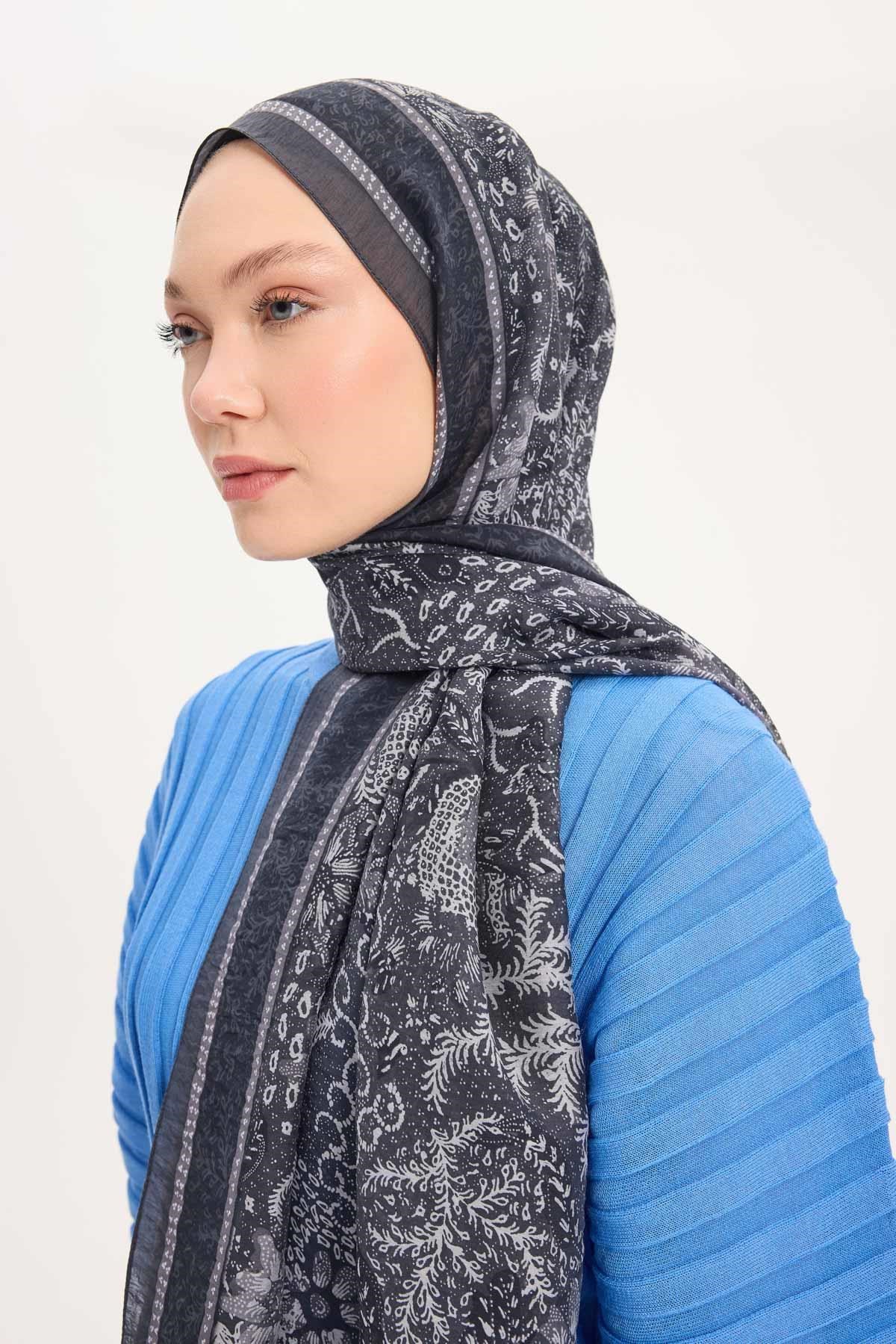 Tencel Monare Şal Antrasit Vintage Botanik Desen 75x195