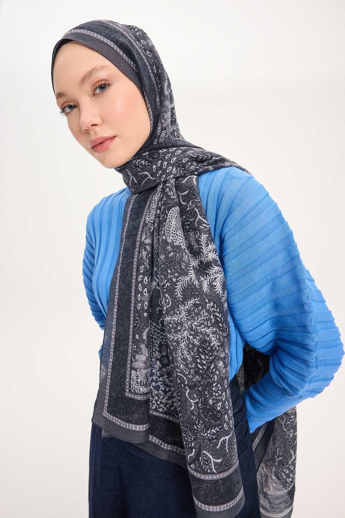 Tencel Monare Şal Antrasit Vintage Botanik Desen 75x195