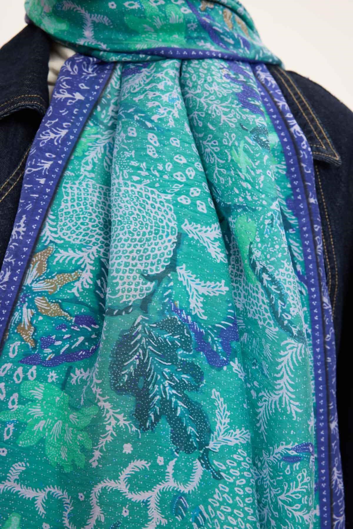 Tencel Monare Şal Turkuaz Vintage Botanik Desen 75x195