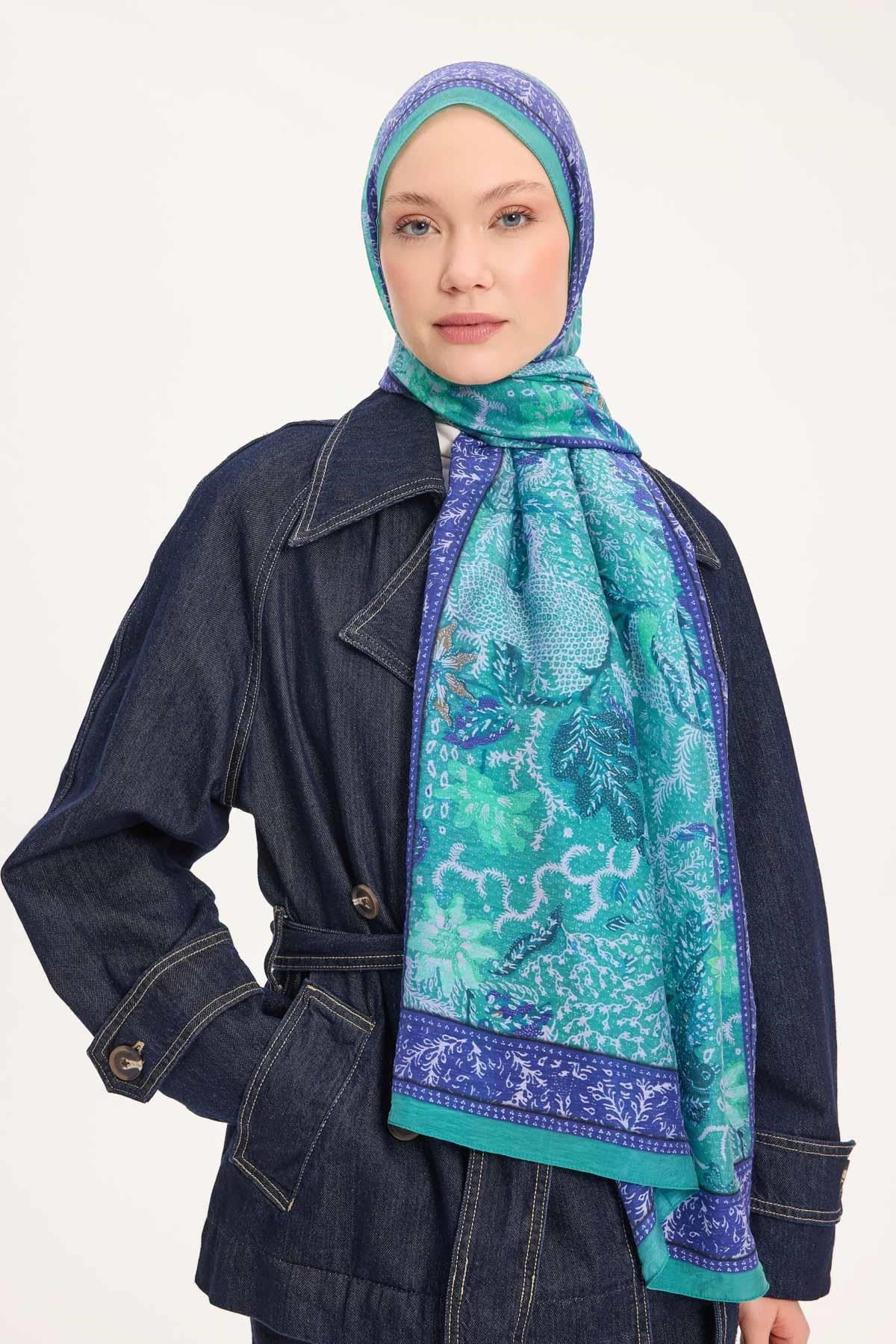 Tencel Monare Şal Turkuaz Vintage Botanik Desen 75x195