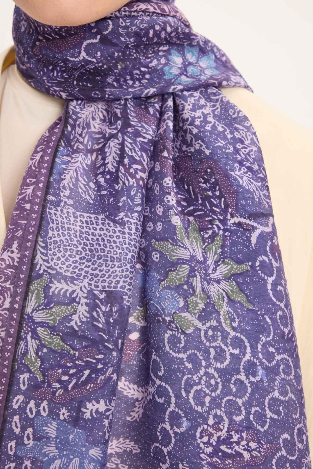 Tencel Monare Şal Eflatun Vintage Botanik Desen 75x195