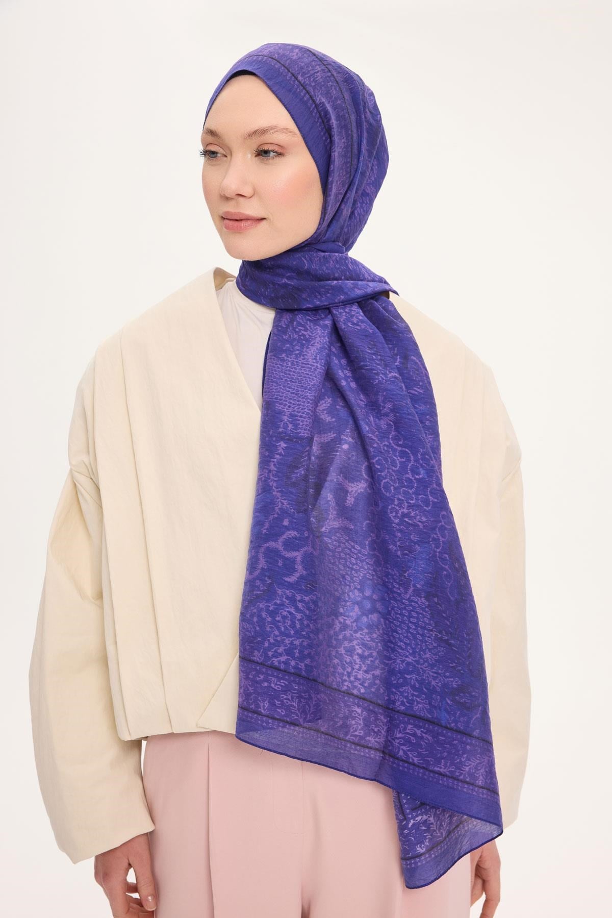 Tencel Monare Şal Mor Vintage Botanik Desen 75x195