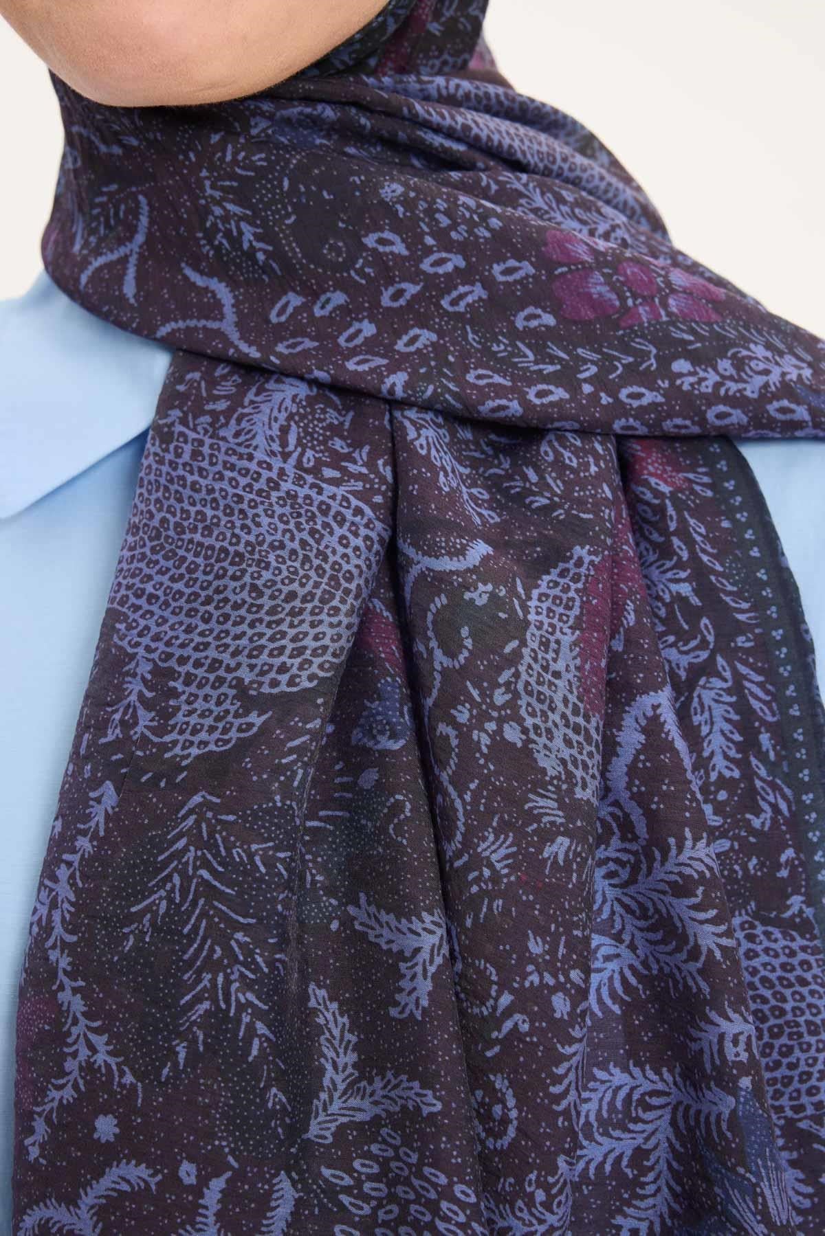 Tencel Monare Şal Mürdüm Kahve Vintage Botanik Desen 75x195