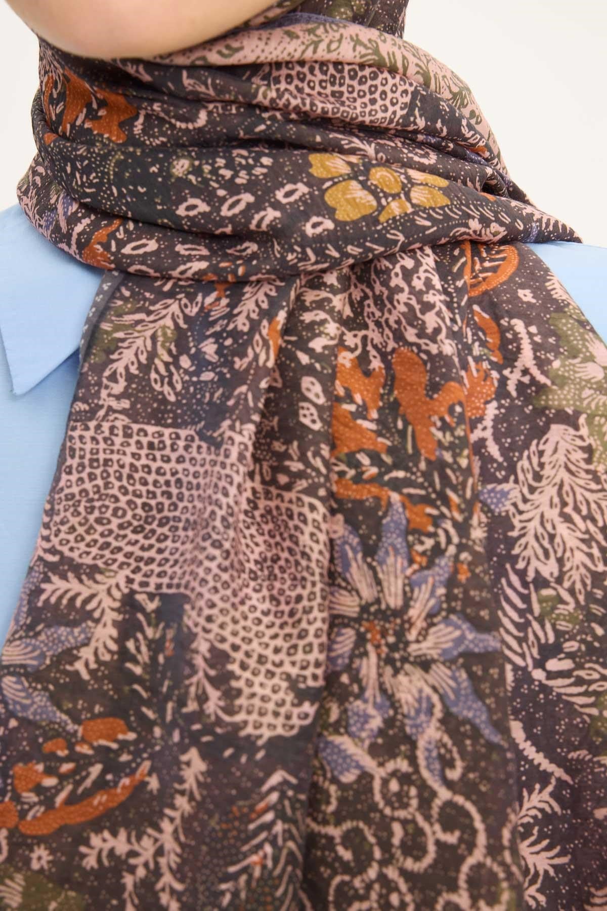 Tencel Monare Şal Füme Vintage Botanik Desen 75x195