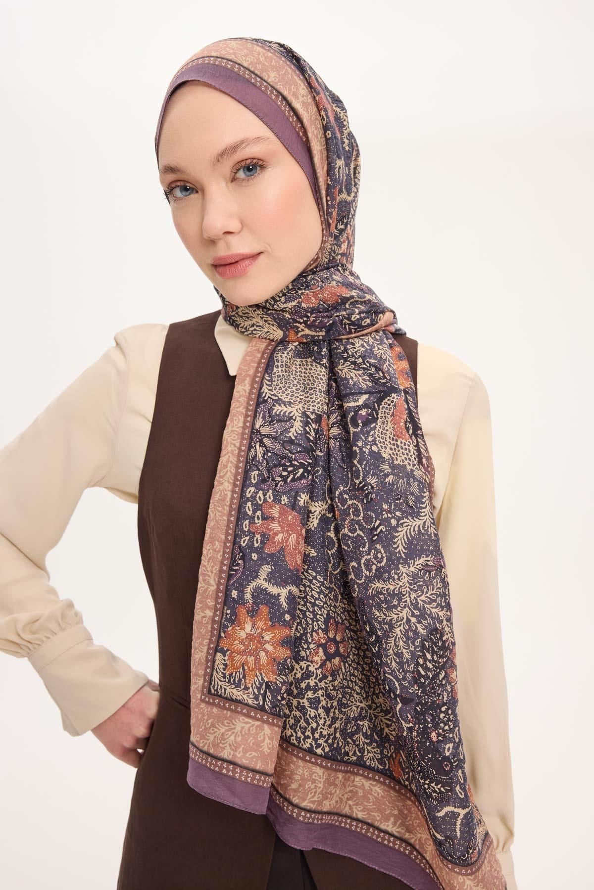 Tencel Monare Şal Indigo Vintage Botanik Desen 75x195