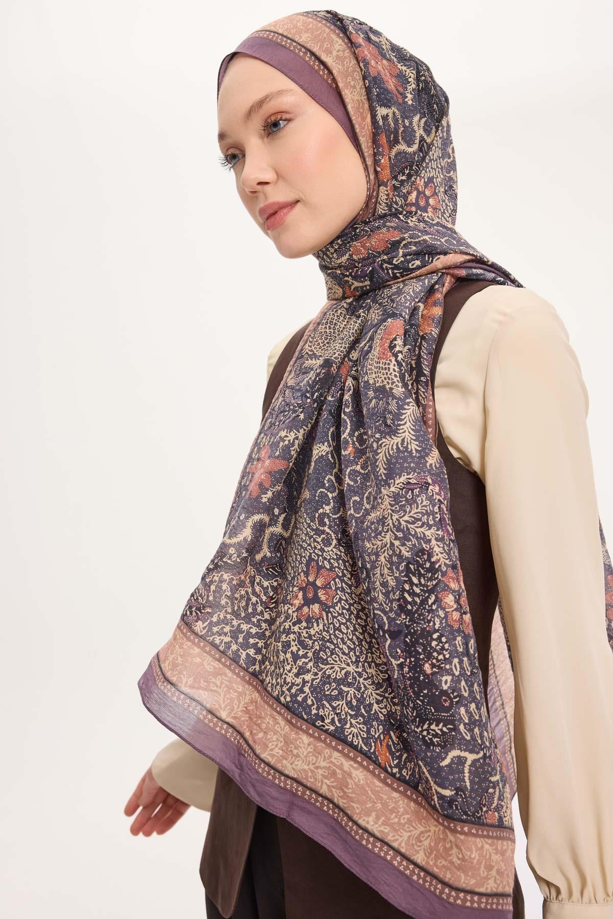 Tencel Monare Şal Indigo Vintage Botanik Desen 75x195