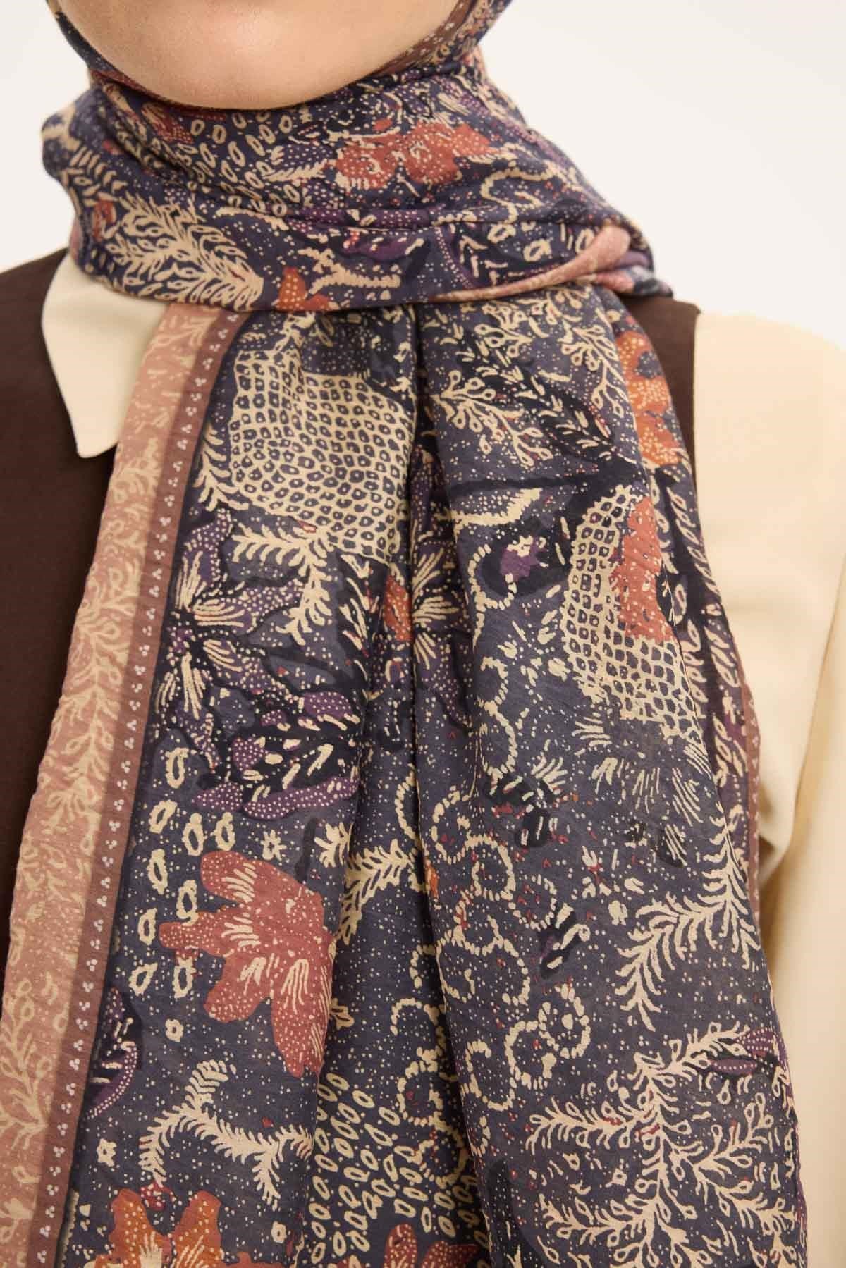 Tencel Monare Şal Indigo Vintage Botanik Desen 75x195