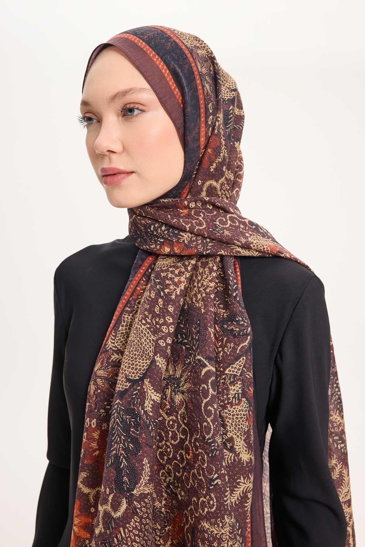 Tencel Monare Şal Kahve Bordo Vintage Botanik Desen 75x195