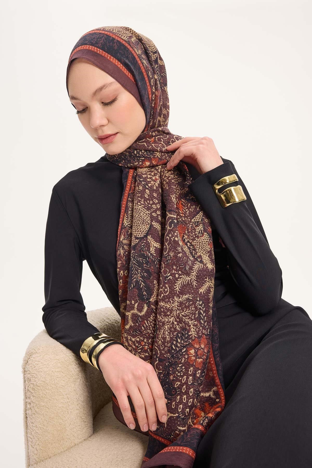 Tencel Monare Şal Kahve Bordo Vintage Botanik Desen 75x195