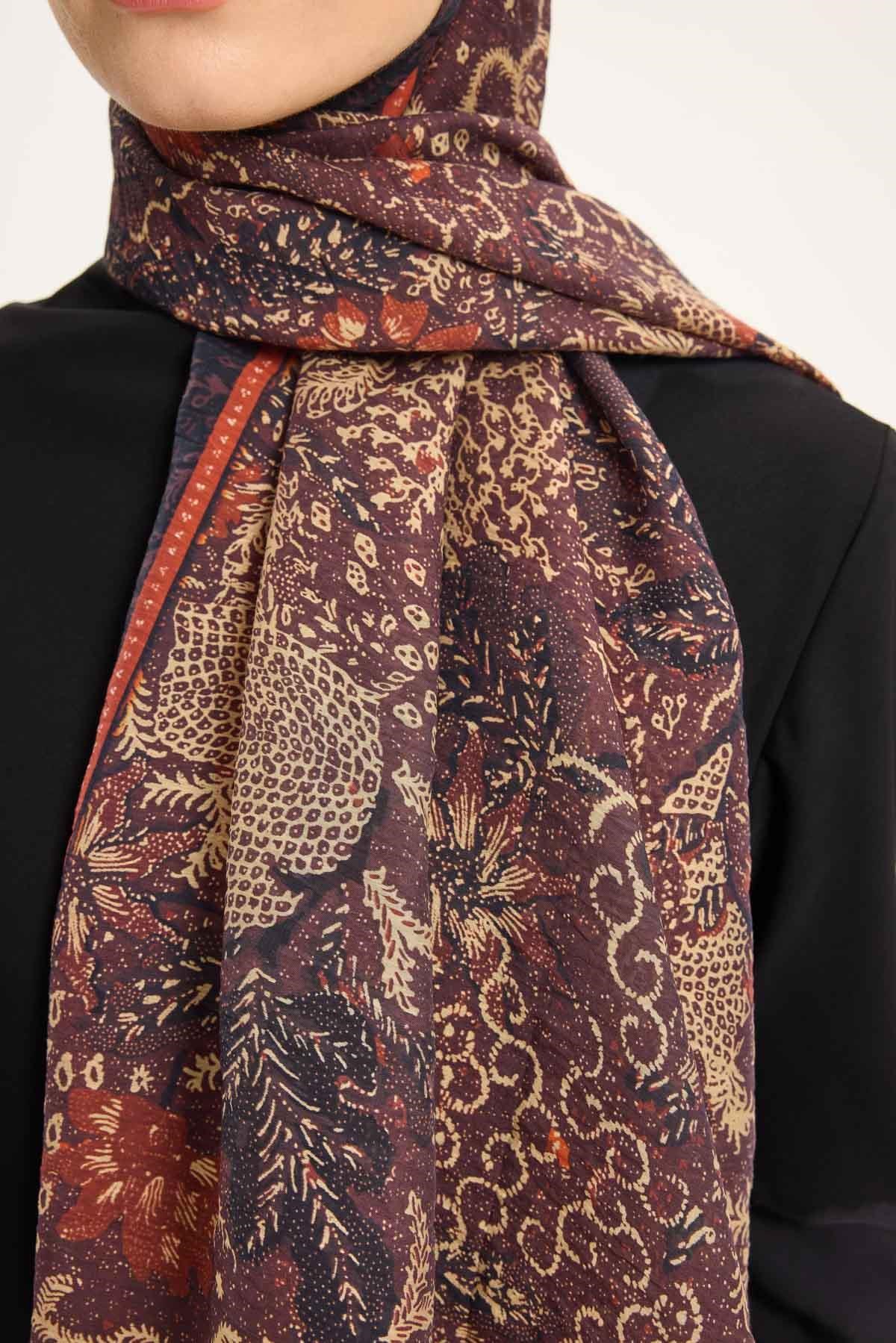 Tencel Monare Şal Kahve Bordo Vintage Botanik Desen 75x195