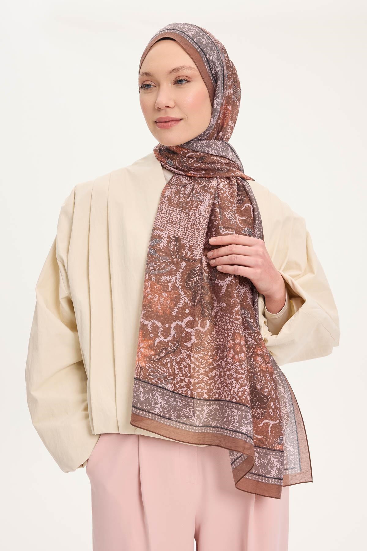 Tencel Monare Şal Mocha Mouse Vintage Botanik Desen 75x195