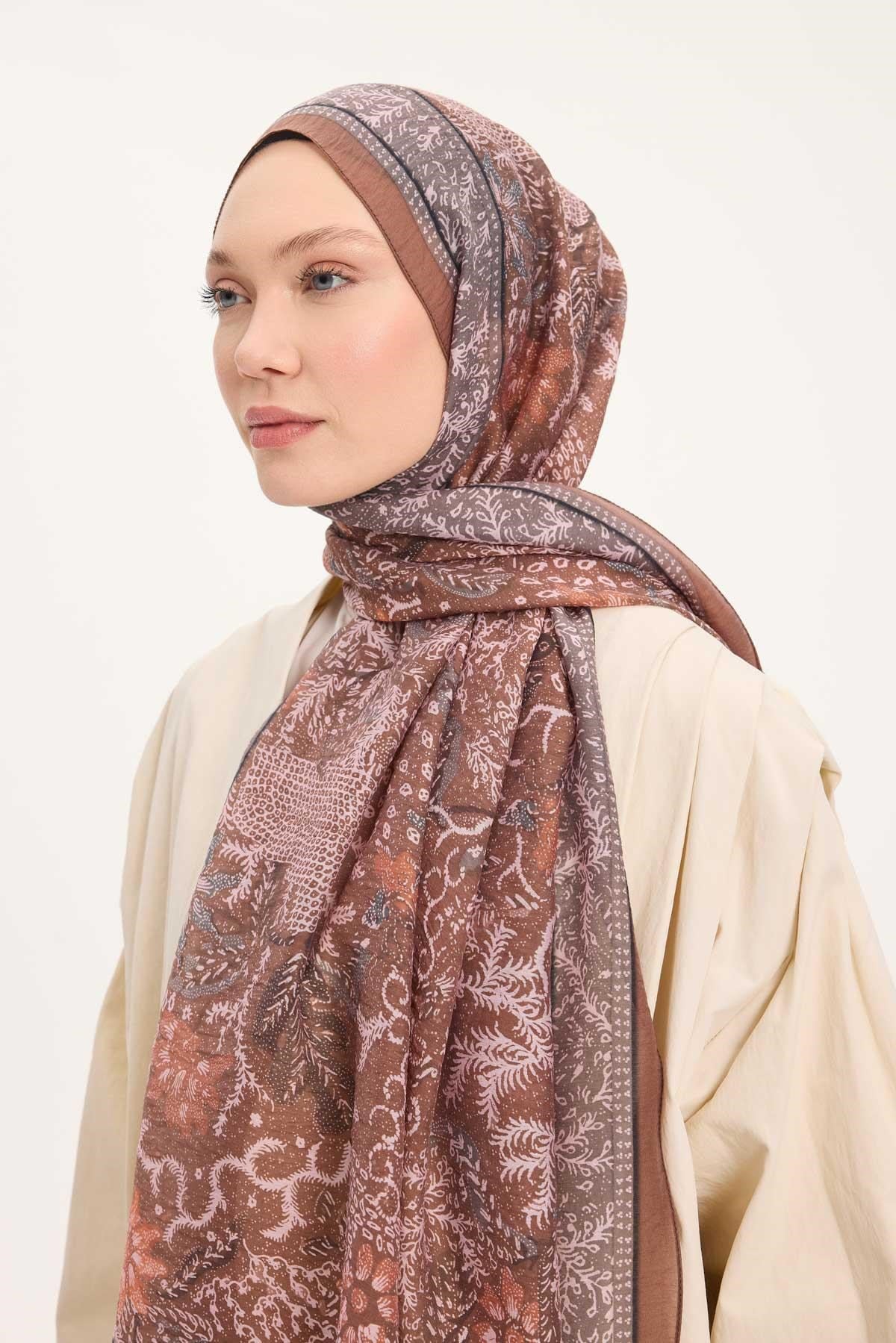 Tencel Monare Şal Mocha Mouse Vintage Botanik Desen 75x195